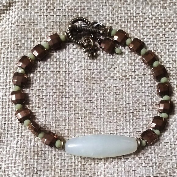 One-of-a-kind! Pale Green Jade + Bronze Tile Toggle Clasp Bracelet - Handmade! - Picture 1 of 8